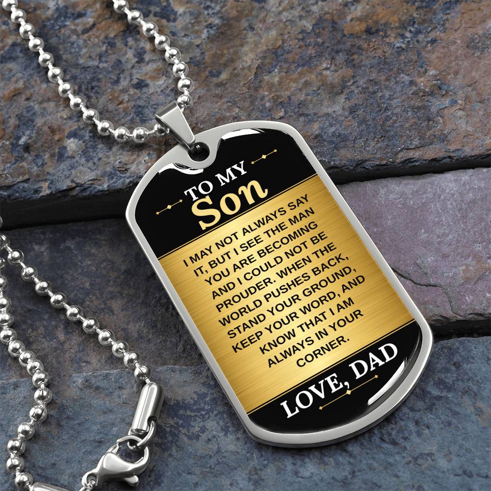 To My Son Necklace from Dad – silver dog tag necklace on slate with military ball chain