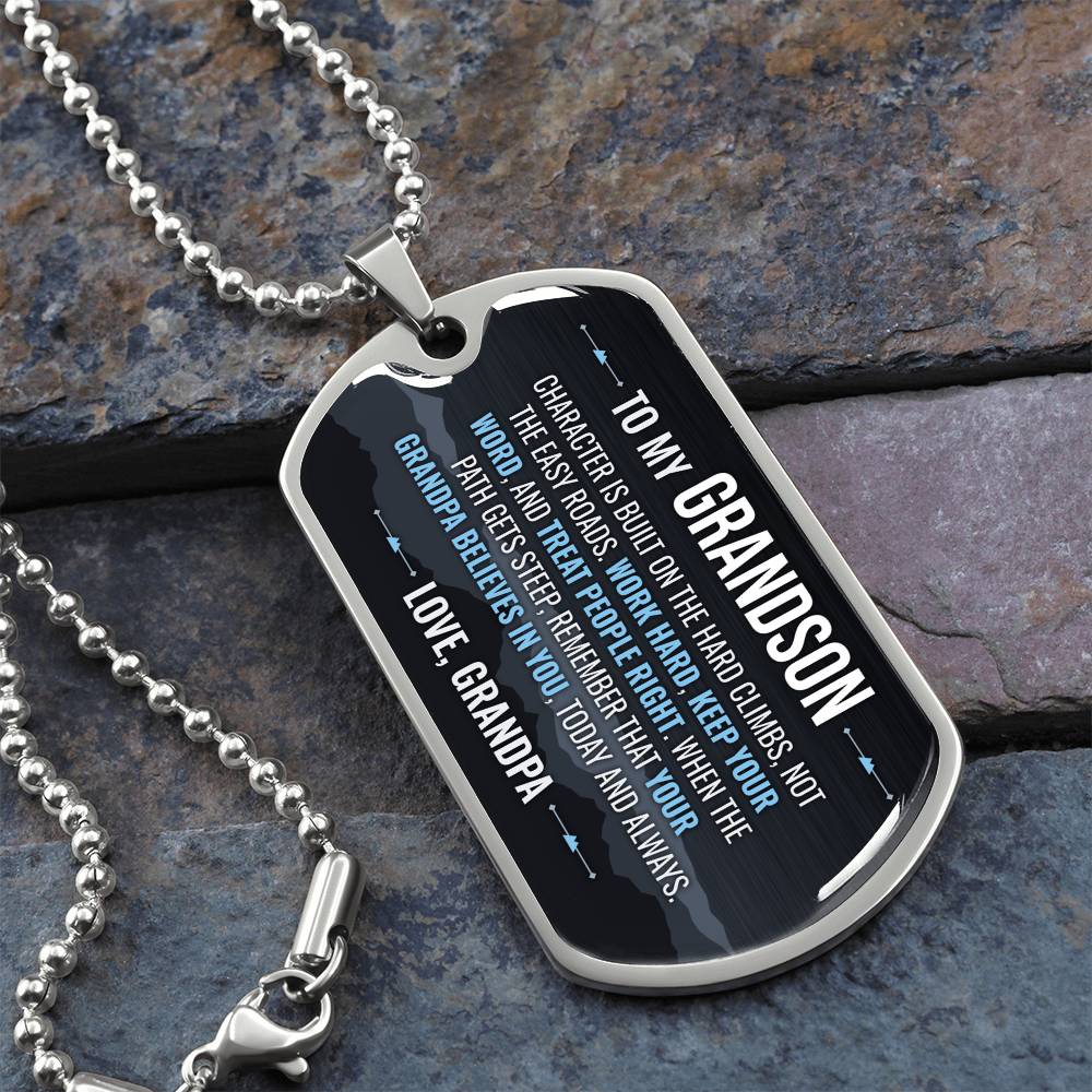 To My Grandson Necklace from Grandpa – silver dog tag necklace on slate with military ball chain