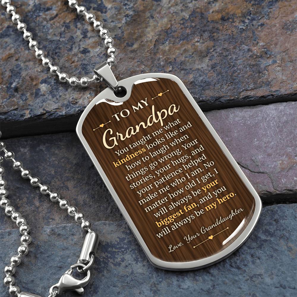To My Grandpa Necklace from Granddaughter – silver dog tag necklace on slate with military ball chain