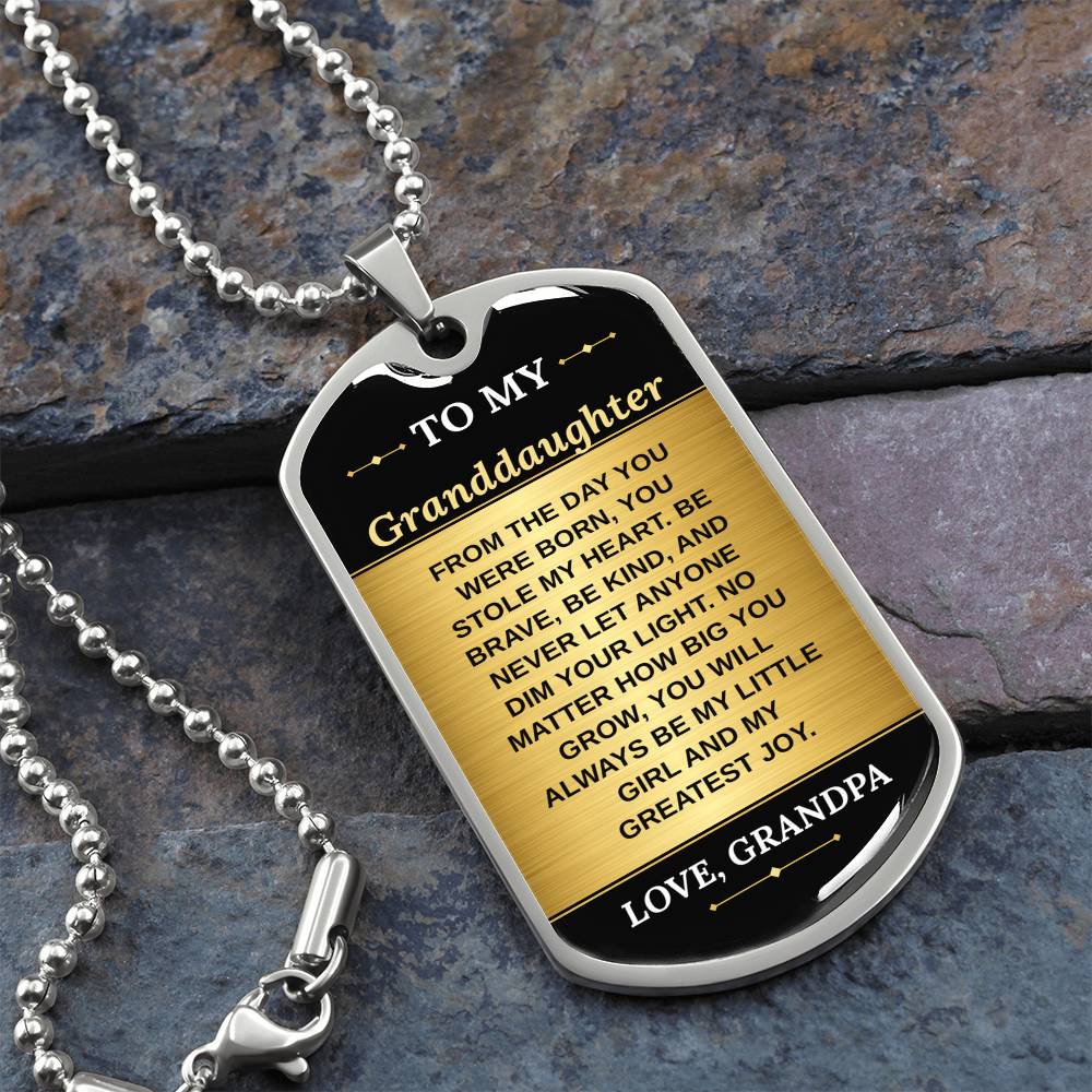 To My Granddaughter Necklace from Grandpa – silver dog tag necklace on slate with military ball chain