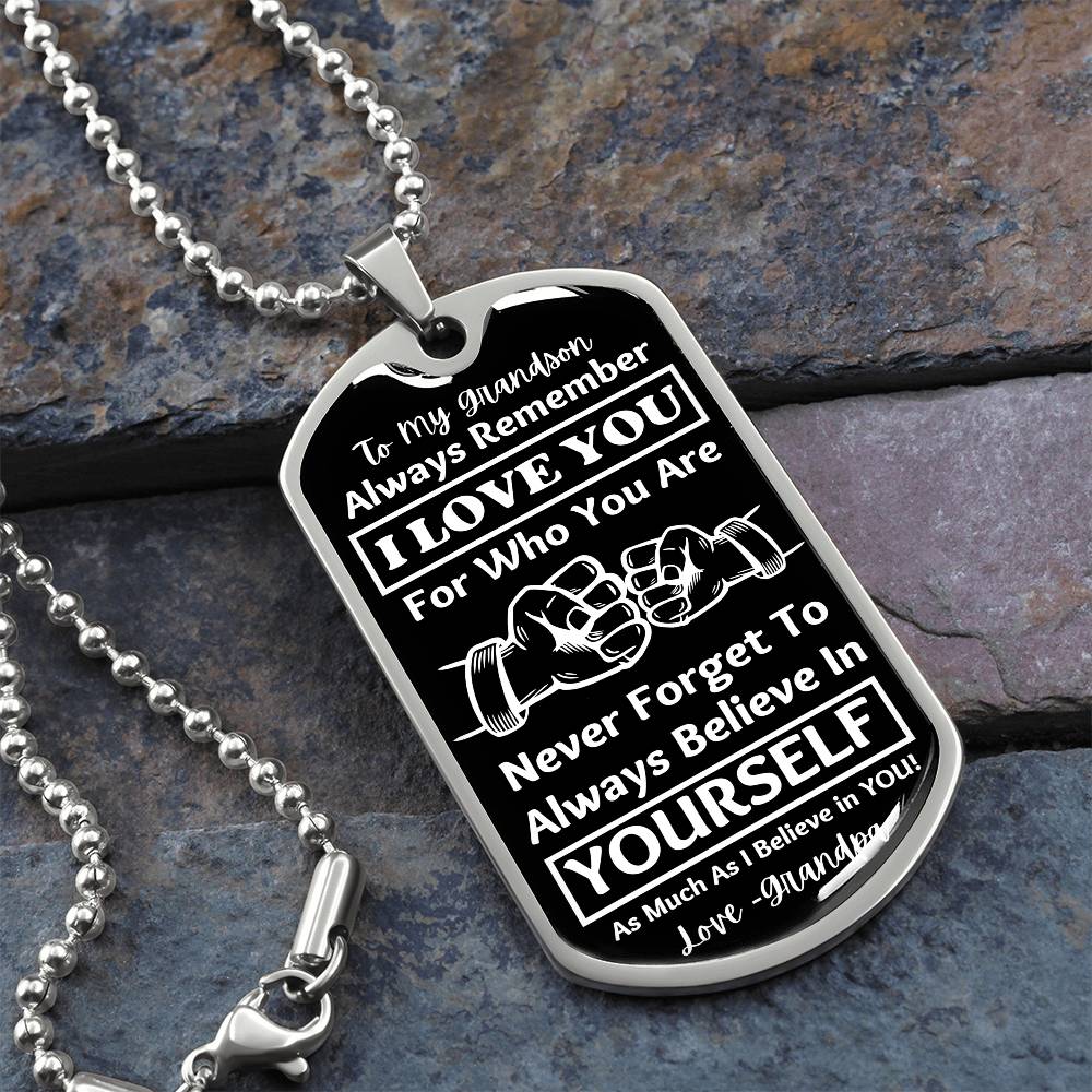 To My Grandson, From Grandpa Dog Tag – silver dog tag necklace on slate with military ball chain