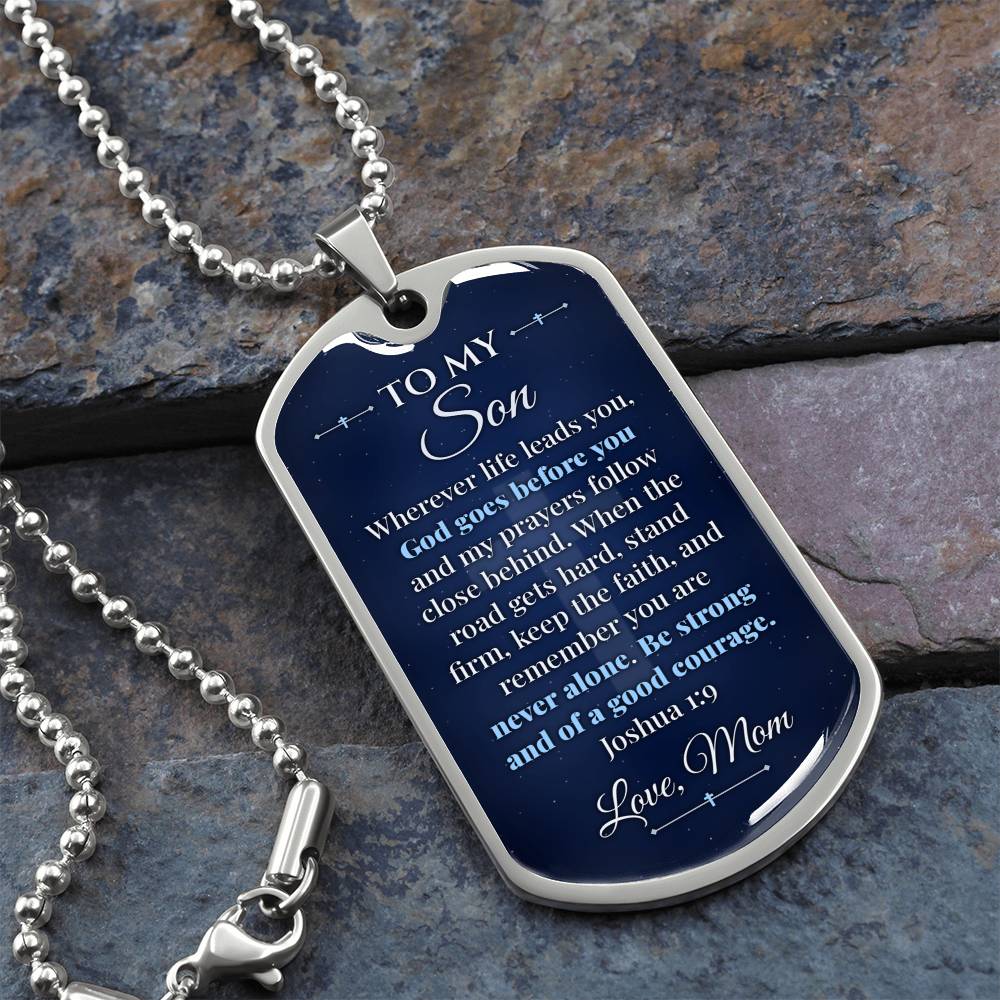 To My Son Necklace from Mom – silver dog tag necklace on slate with military ball chain
