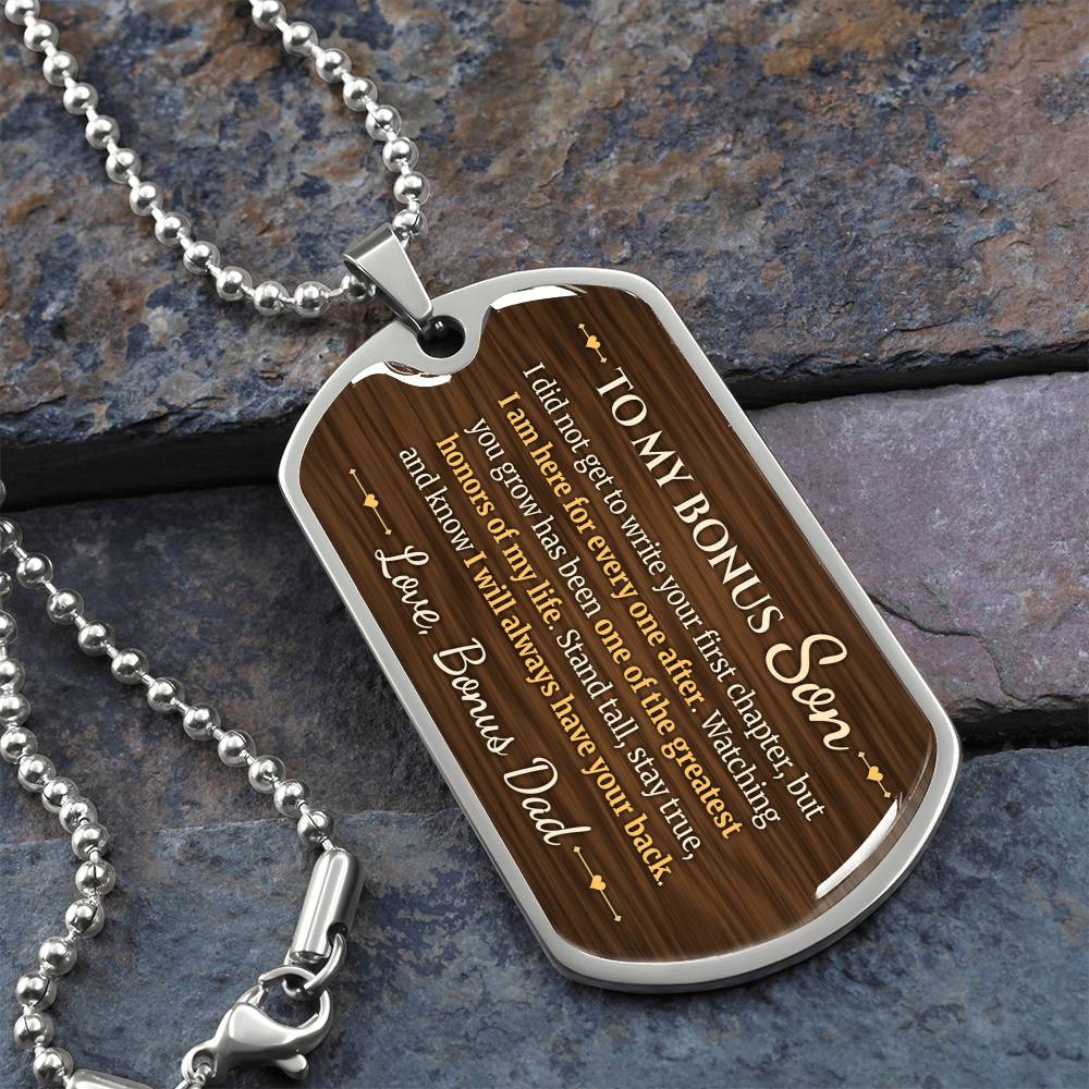 To My Bonus Son Necklace from Stepdad – silver dog tag necklace on slate with military ball chain