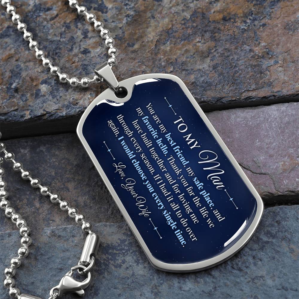 To My Man Necklace from Wife – silver dog tag necklace on slate with military ball chain