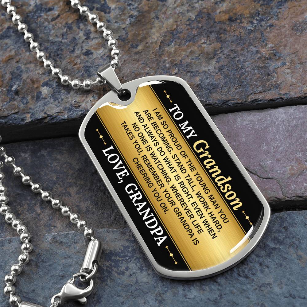 To My Grandson Necklace from Grandpa – silver dog tag necklace on slate with military ball chain