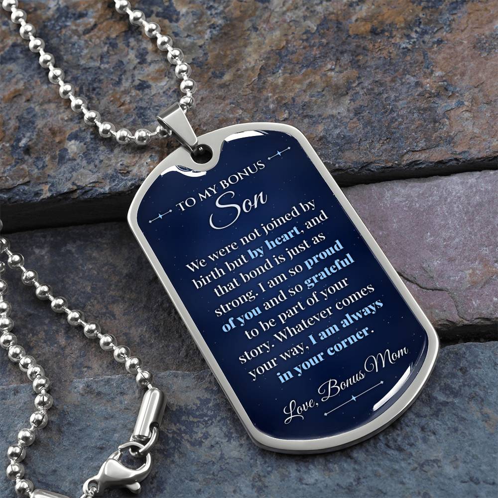 To My Bonus Son Necklace from Stepmom – silver dog tag necklace on slate with military ball chain