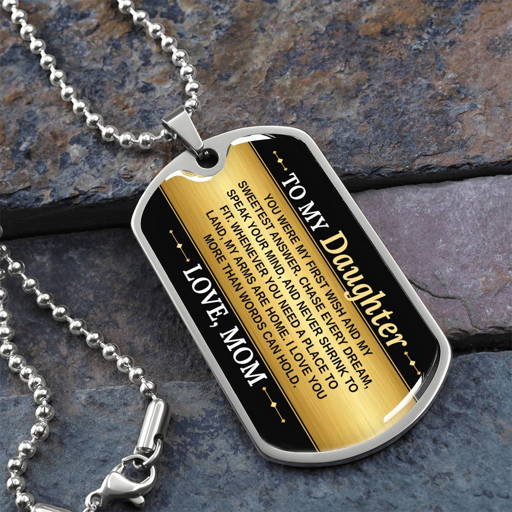 To My Daughter Necklace from Mom – silver dog tag necklace on slate with military ball chain