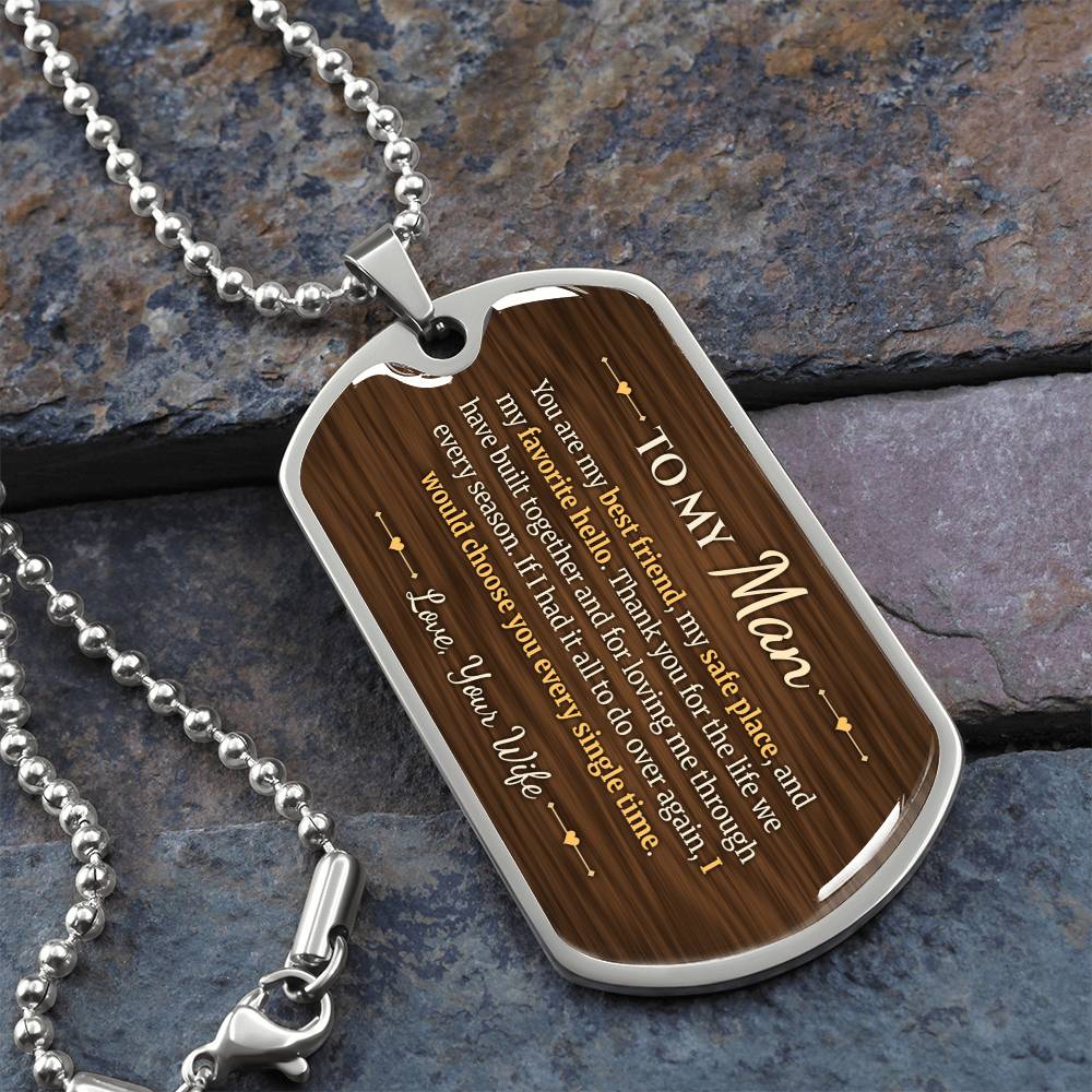 To My Man Necklace from Wife – silver dog tag necklace on slate with military ball chain