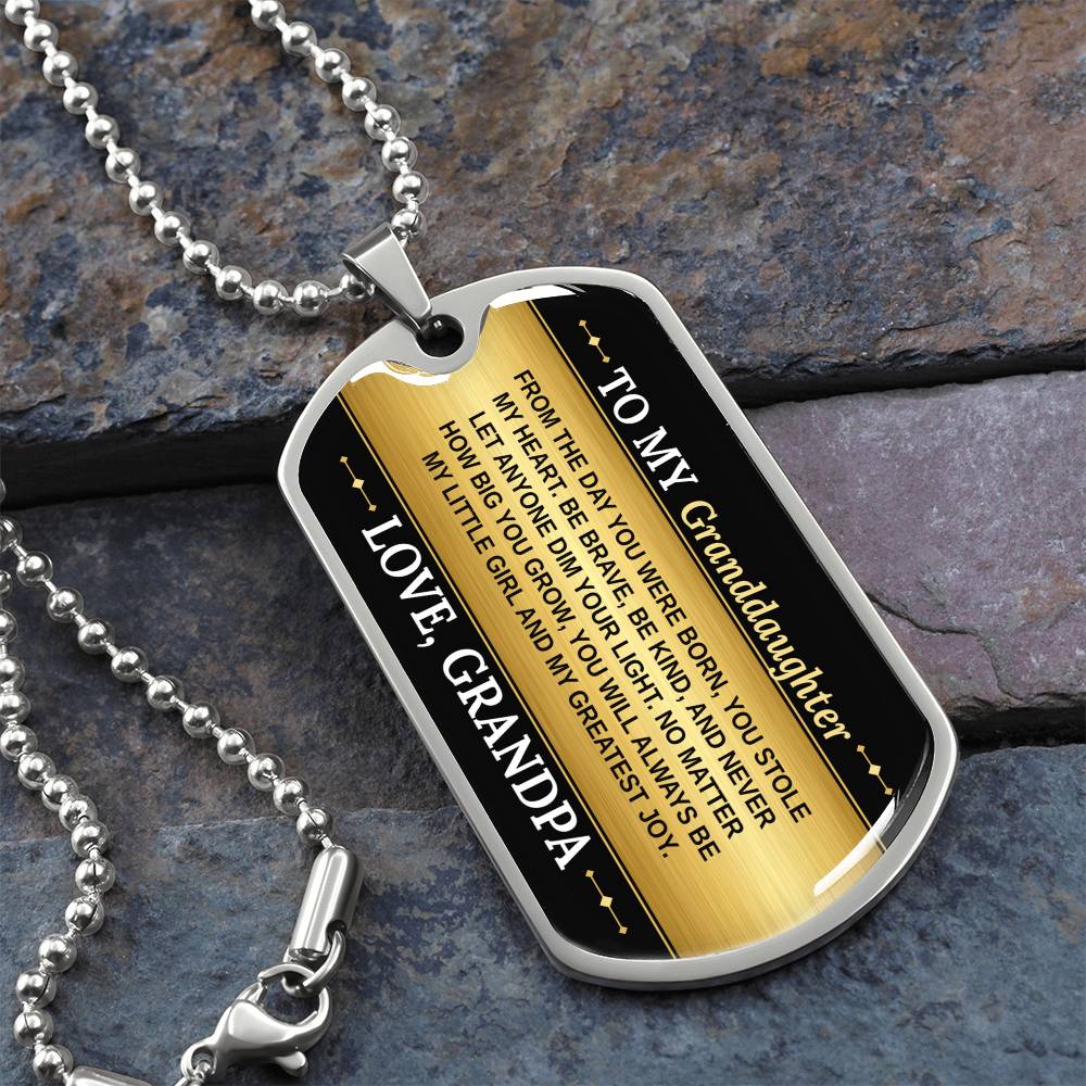 To My Granddaughter Necklace from Grandpa – silver dog tag necklace on slate with military ball chain