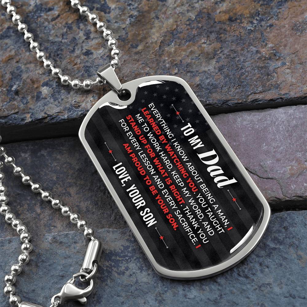 To My Dad Necklace from Son – silver dog tag necklace on slate with military ball chain