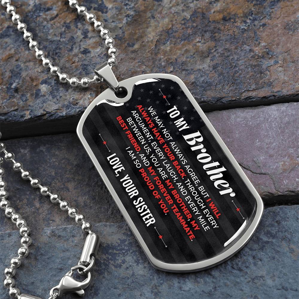 To My Brother Necklace from Sister – silver dog tag necklace on slate with military ball chain