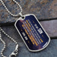 To My Son Necklace from Dad – silver dog tag necklace on slate with military ball chain
