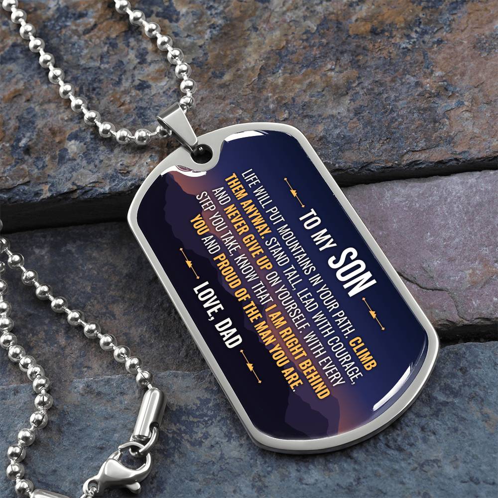 To My Son Necklace from Dad – silver dog tag necklace on slate with military ball chain