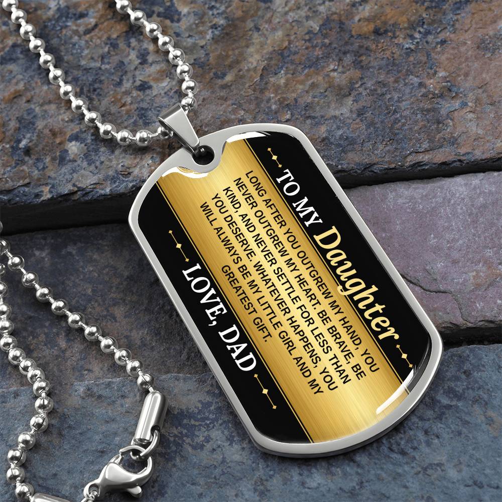 To My Daughter Necklace from Dad – silver dog tag necklace on slate with military ball chain