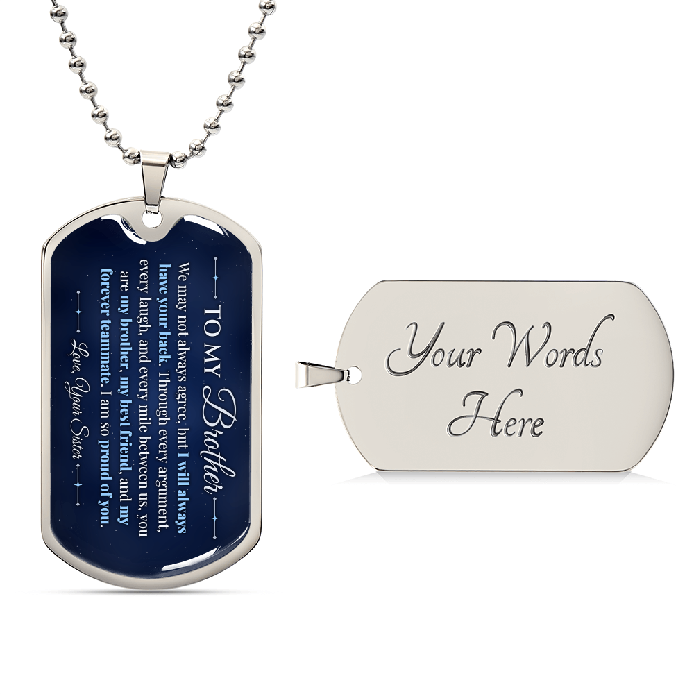 To My Brother Necklace from Sister – silver dog tag with optional custom engraving on the back