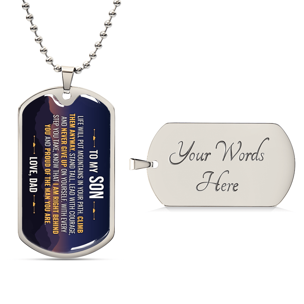 To My Son Necklace from Dad – silver dog tag with optional custom engraving on the back