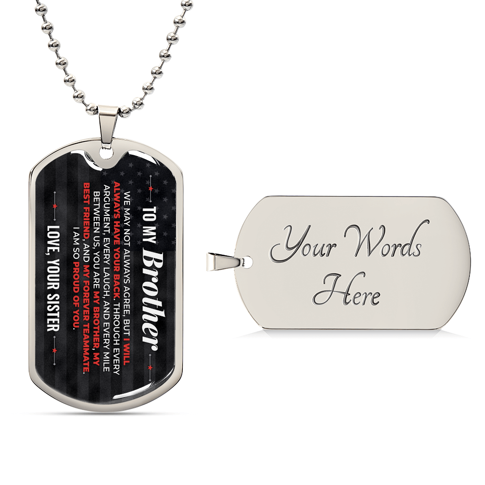 To My Brother Necklace from Sister – silver dog tag with optional custom engraving on the back