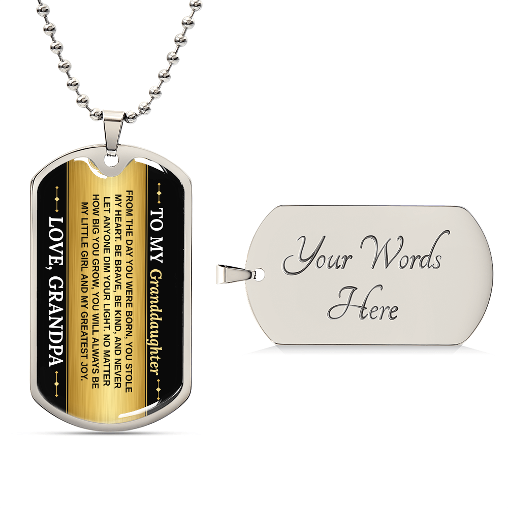 To My Granddaughter Necklace from Grandpa – silver dog tag with optional custom engraving on the back