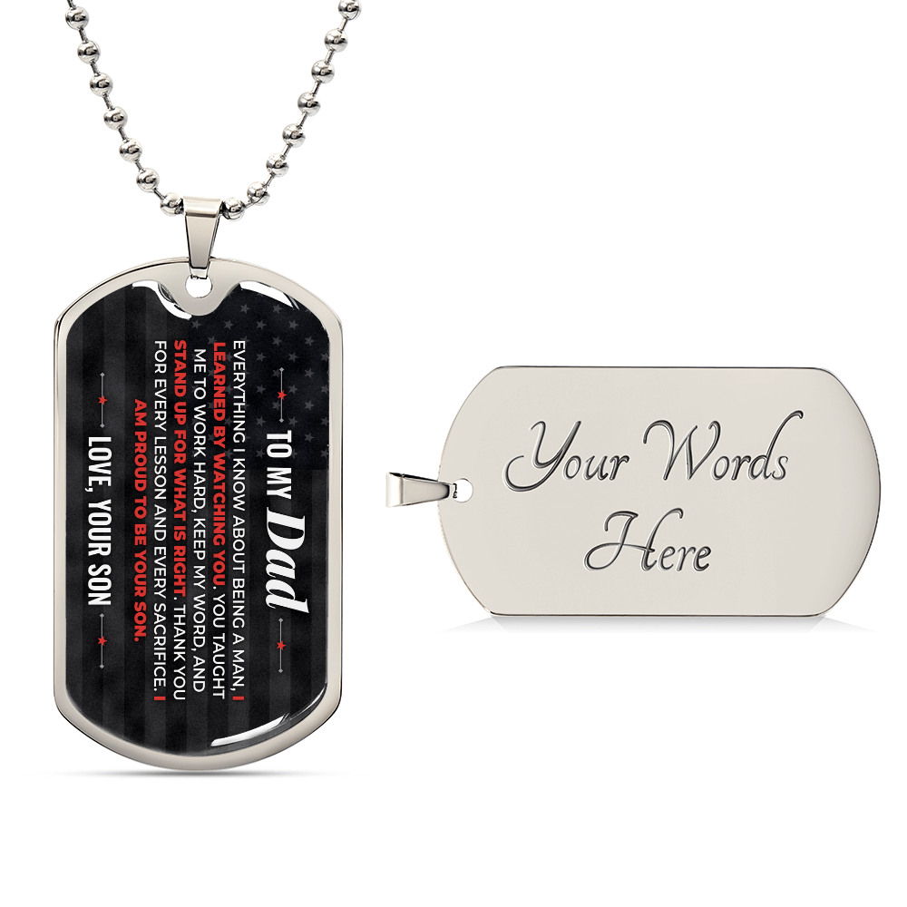 To My Dad Necklace from Son – silver dog tag with optional custom engraving on the back