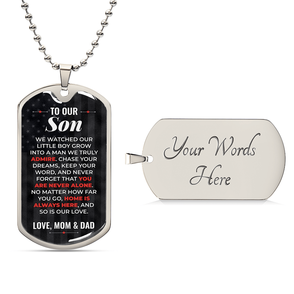 To Our Son Necklace from Mom & Dad – silver dog tag with optional custom engraving on the back