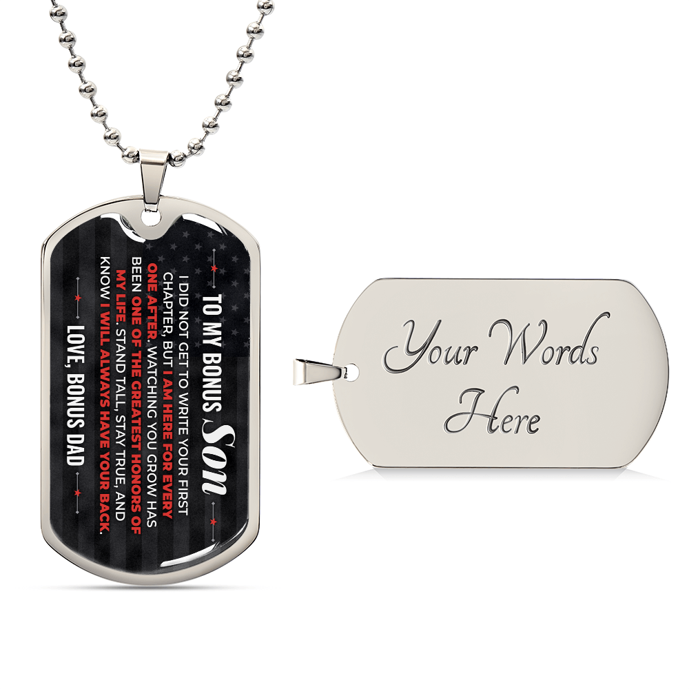 To My Bonus Son Necklace from Stepdad – silver dog tag with optional custom engraving on the back