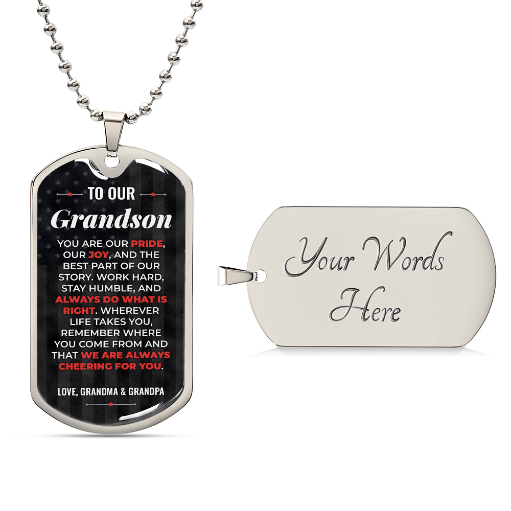 To Our Grandson Necklace from Grandma & Grandpa – silver dog tag with optional custom engraving on the back