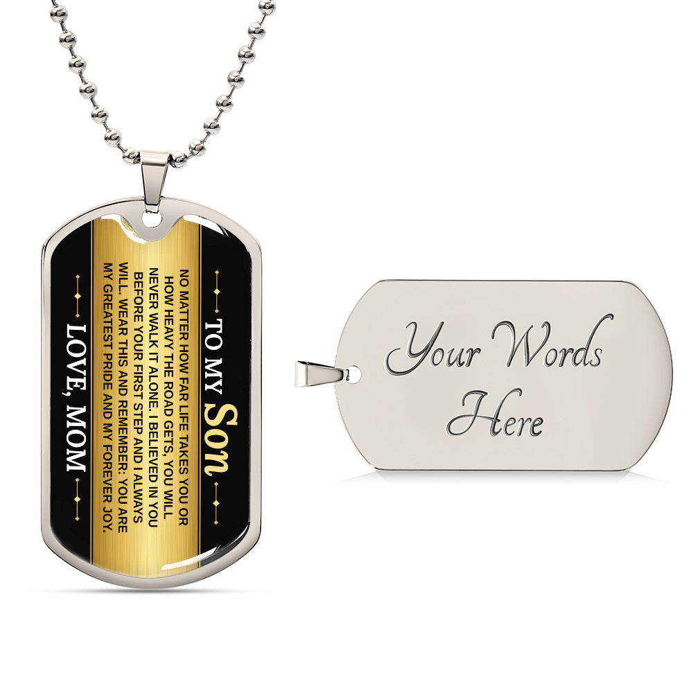 To My Son Necklace from Mom – silver dog tag with optional custom engraving on the back