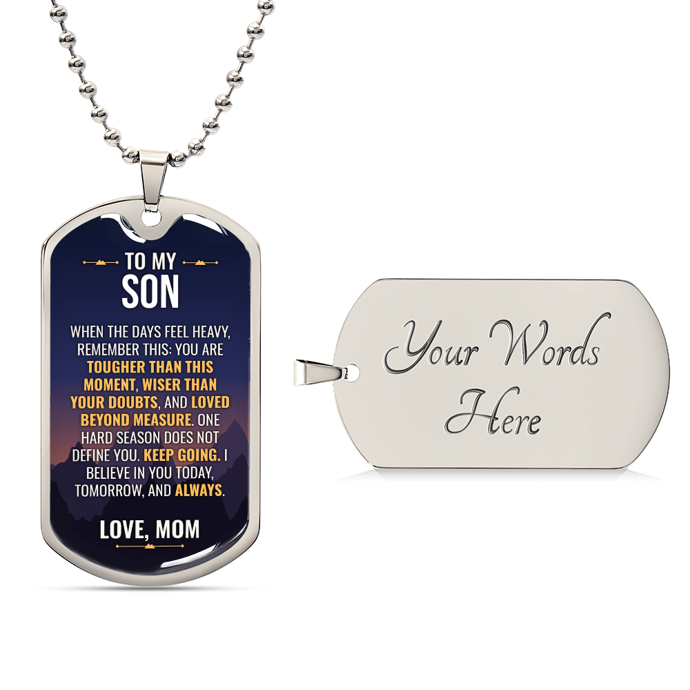 To My Son Necklace from Mom – silver dog tag with optional custom engraving on the back