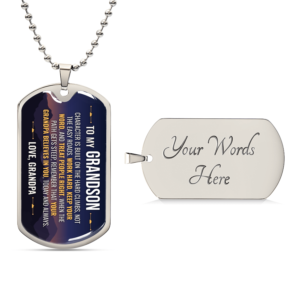 To My Grandson Necklace from Grandpa – silver dog tag with optional custom engraving on the back