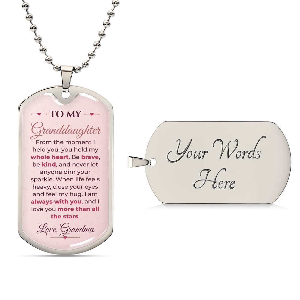 To My Granddaughter Necklace from Grandma – silver dog tag with optional custom engraving on the back
