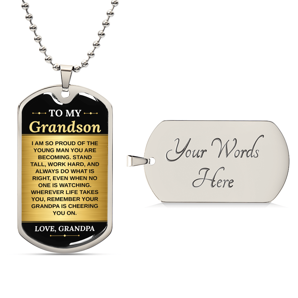 To My Grandson Necklace from Grandpa – silver dog tag with optional custom engraving on the back