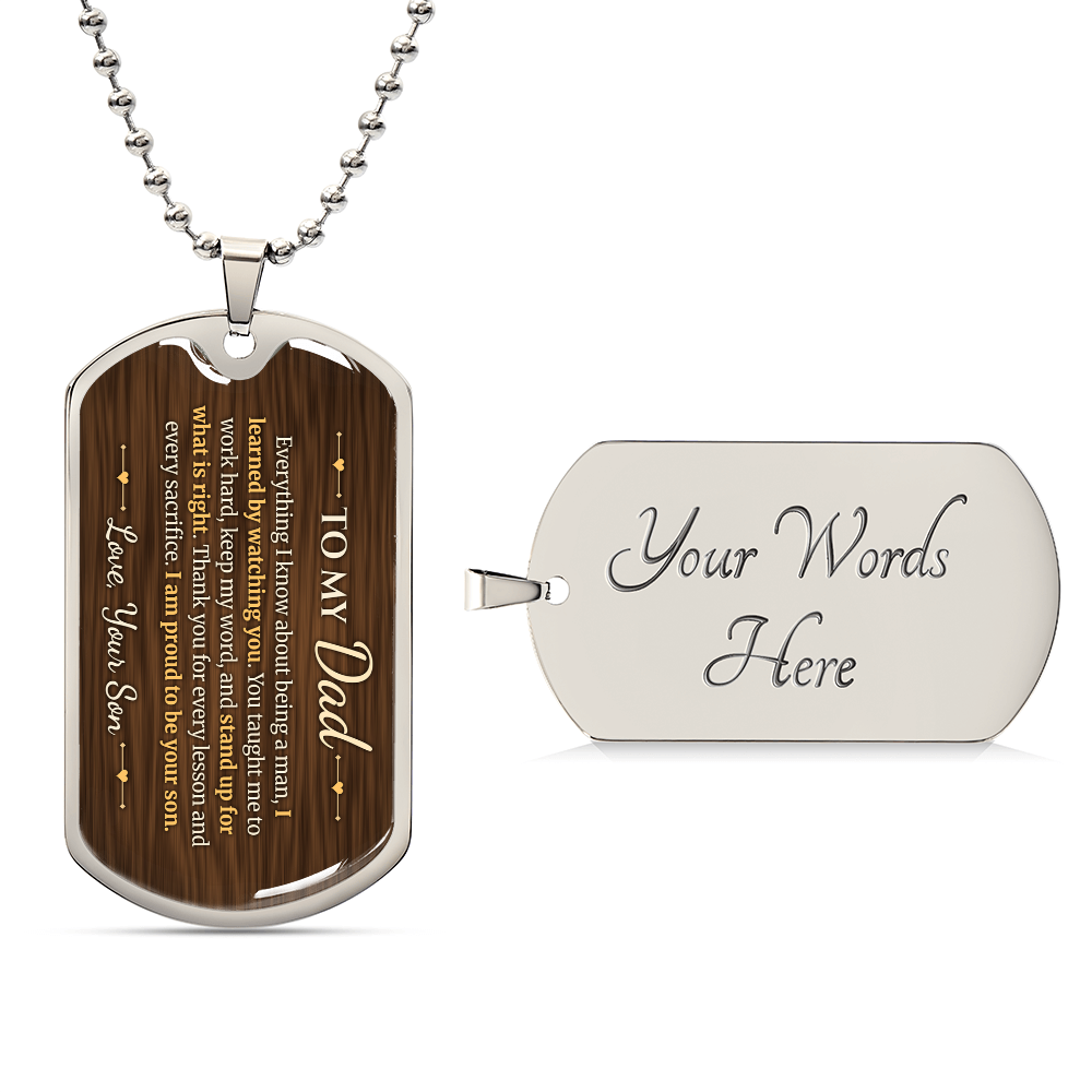 To My Dad Necklace from Son – silver dog tag with optional custom engraving on the back