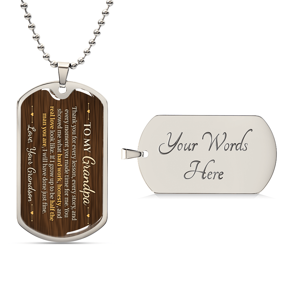 To My Grandpa Necklace from Grandson – silver dog tag with optional custom engraving on the back