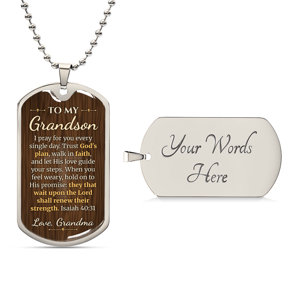 To My Grandson Necklace from Grandma – silver dog tag with optional custom engraving on the back