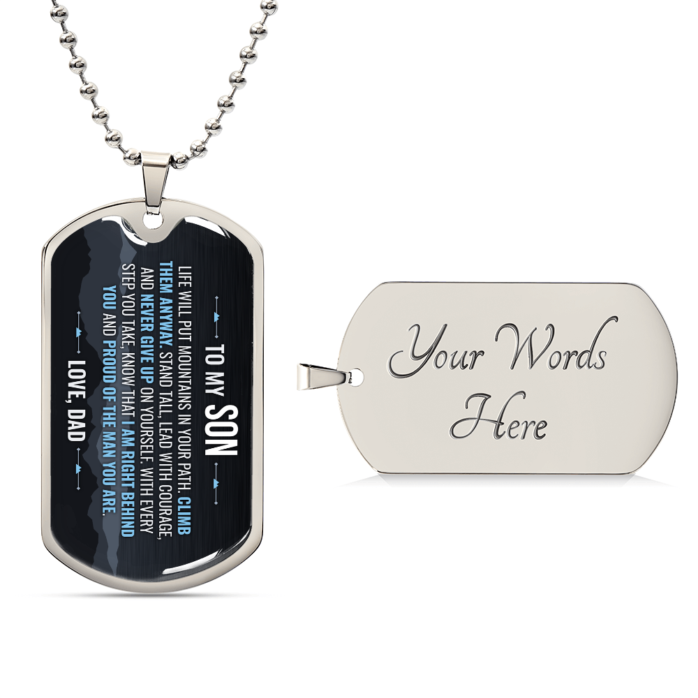 To My Son Necklace from Dad – silver dog tag with optional custom engraving on the back
