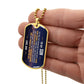 To My Son Necklace from Dad – gold dog tag held in hand to show size