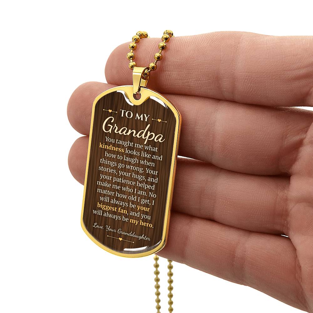 To My Grandpa Necklace from Granddaughter – gold dog tag held in hand to show size