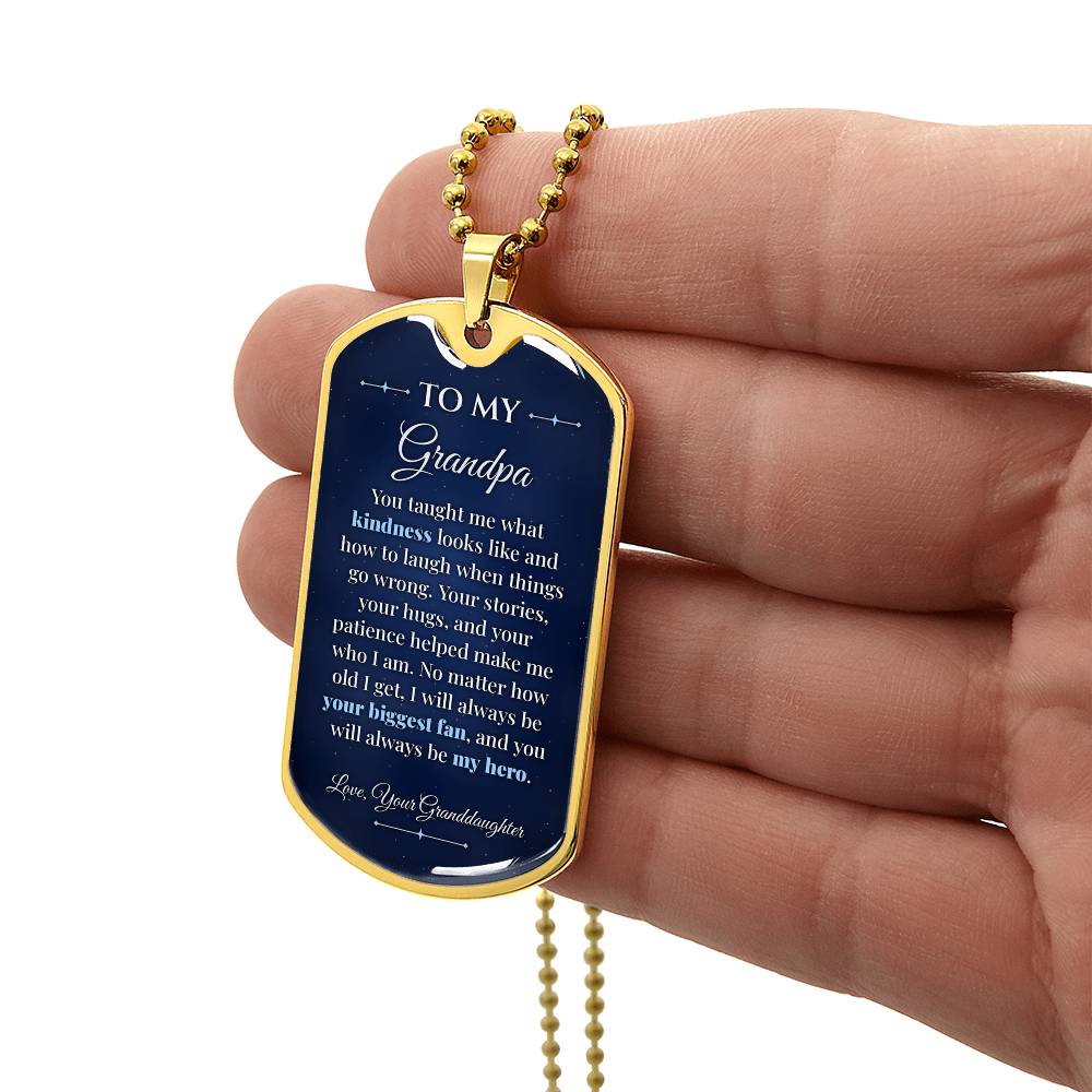 To My Grandpa Necklace from Granddaughter – gold dog tag held in hand to show size