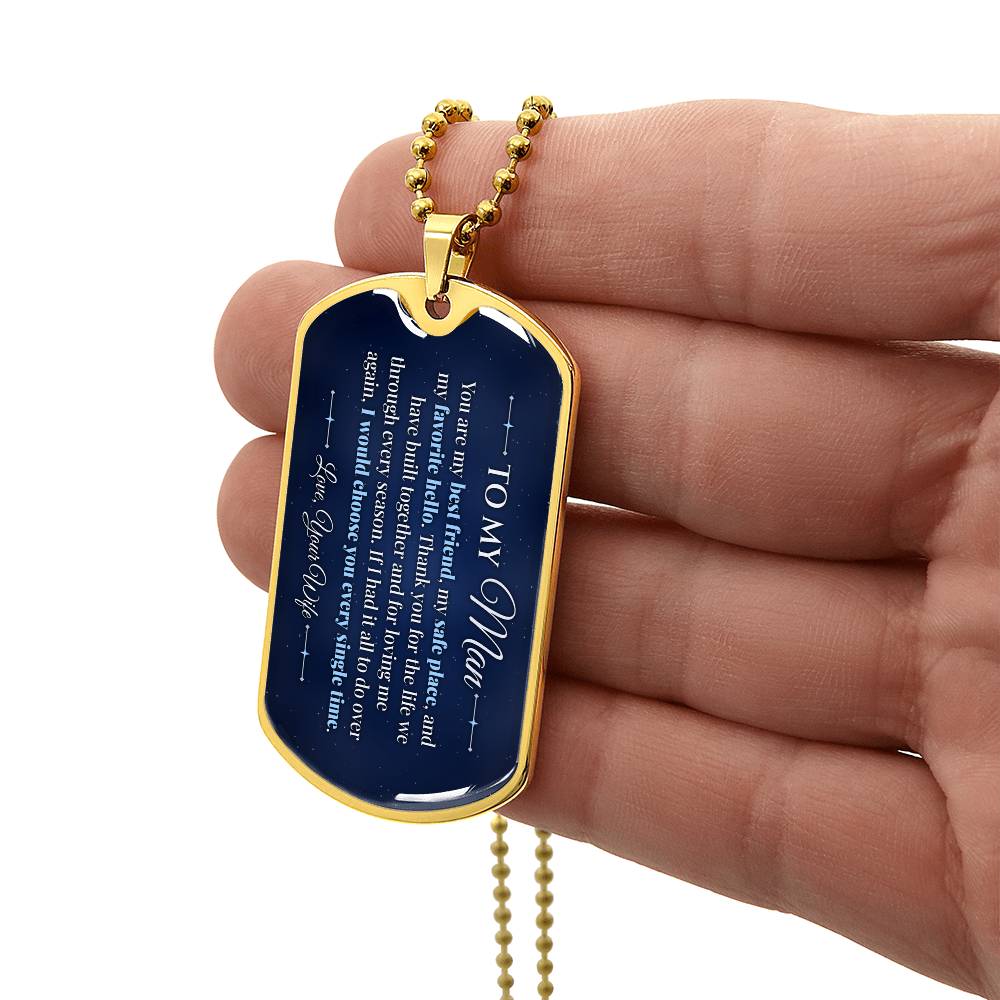 To My Man Necklace from Wife – gold dog tag held in hand to show size