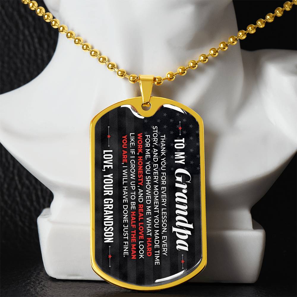 To My Grandpa Necklace from Grandson – gold dog tag necklace displayed on a bust
