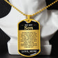 To My Son Necklace from Mom – gold dog tag necklace displayed on a bust