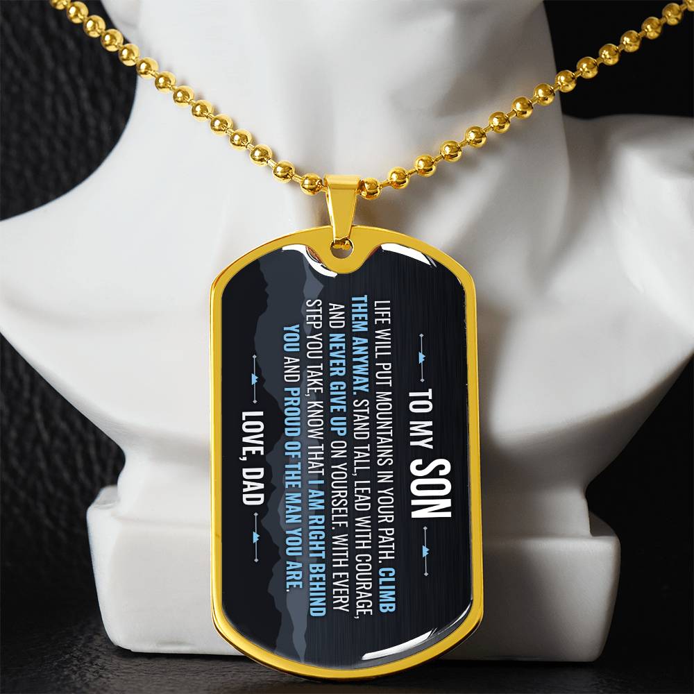 To My Son Necklace from Dad – gold dog tag necklace displayed on a bust