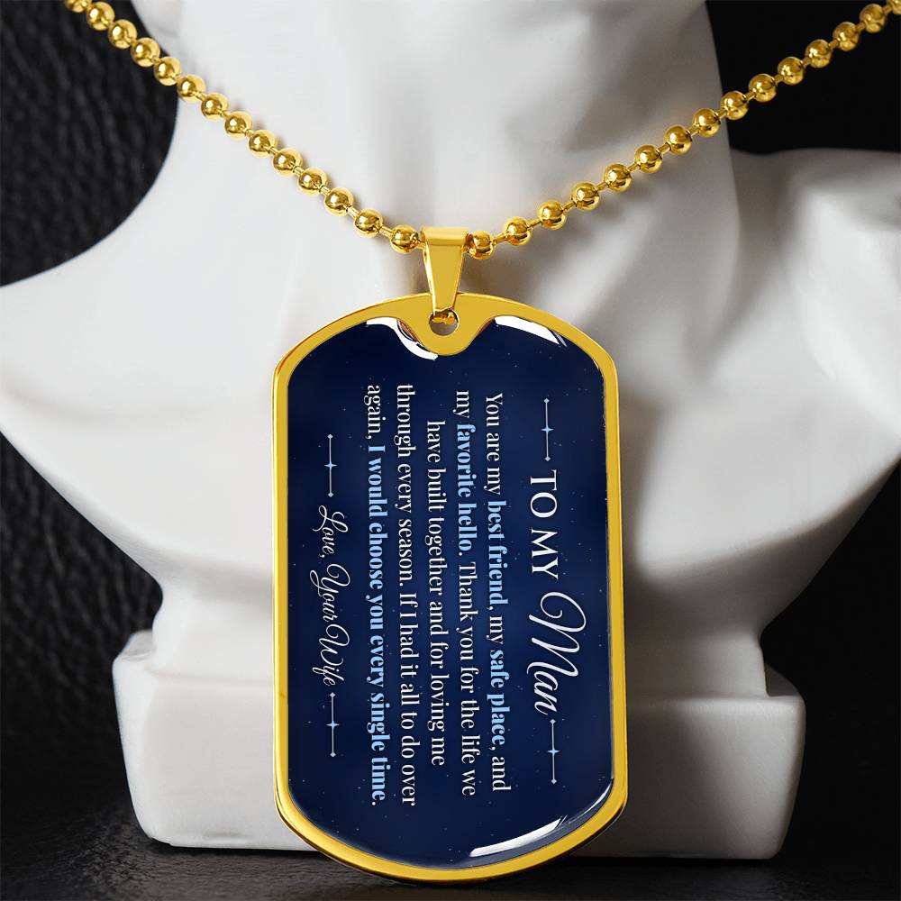 To My Man Necklace from Wife – gold dog tag necklace displayed on a bust