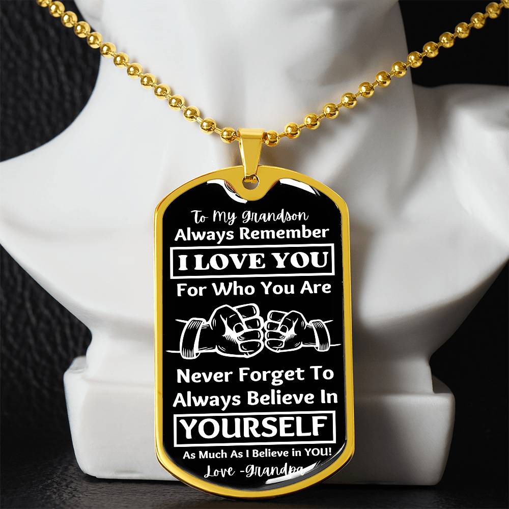 To My Grandson, From Grandpa Dog Tag – gold dog tag necklace displayed on a bust