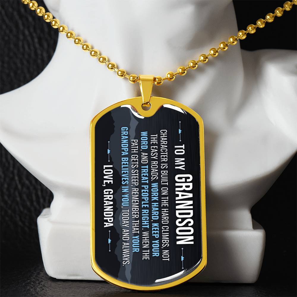 To My Grandson Necklace from Grandpa – gold dog tag necklace displayed on a bust
