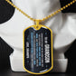 To My Grandson Necklace from Grandpa – gold dog tag necklace displayed on a bust