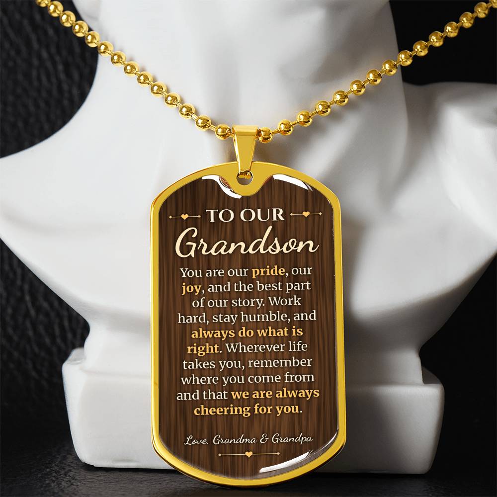 To Our Grandson Necklace from Grandma & Grandpa – gold dog tag necklace displayed on a bust