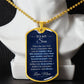 To My Son Necklace from Mom – gold dog tag necklace displayed on a bust