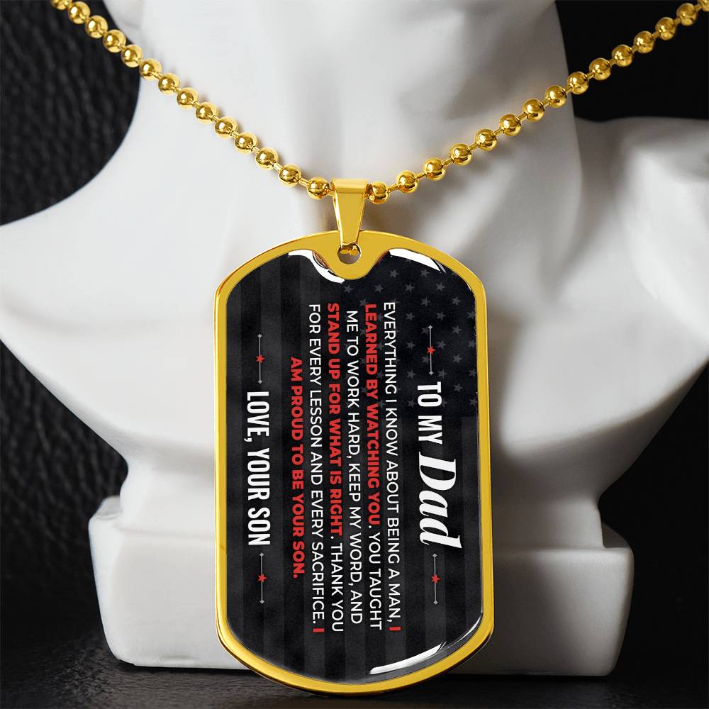 To My Dad Necklace from Son – gold dog tag necklace displayed on a bust