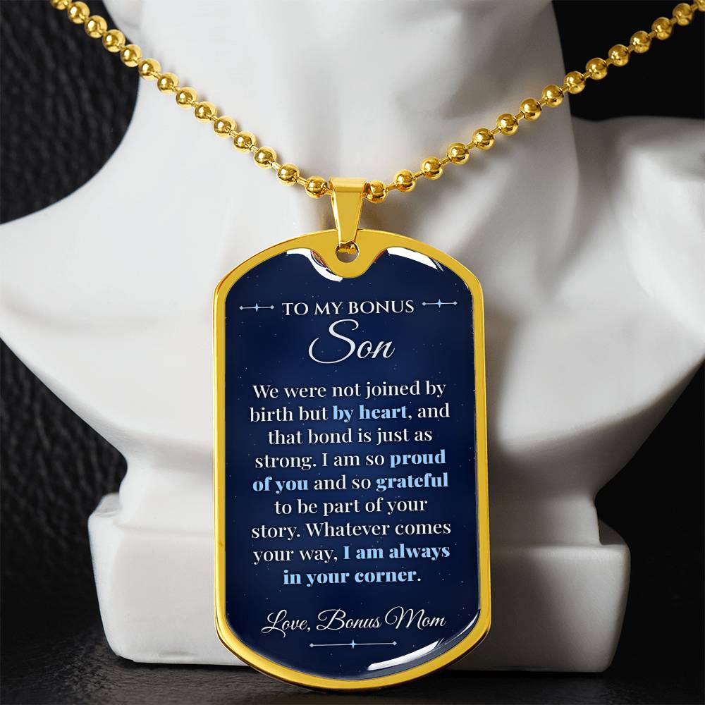 To My Bonus Son Necklace from Stepmom – gold dog tag necklace displayed on a bust